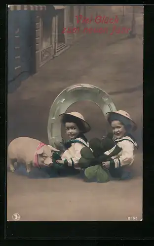 AK Viel Glück zum neuen Jahr, Kinder mit Hufeisen