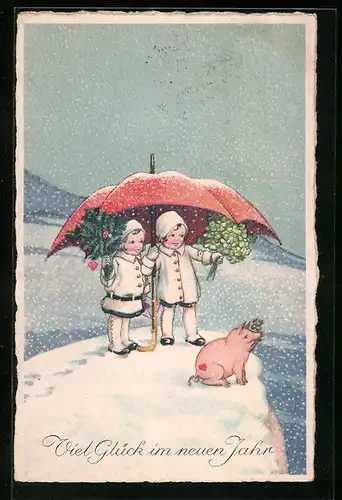 AK Kinder wünschen viel Glück im neuen Jahr, Glücksschwein mit Kleeblatt