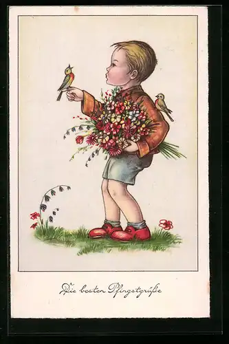AK Kleiner Junge mit Blumen, Pfingsten
