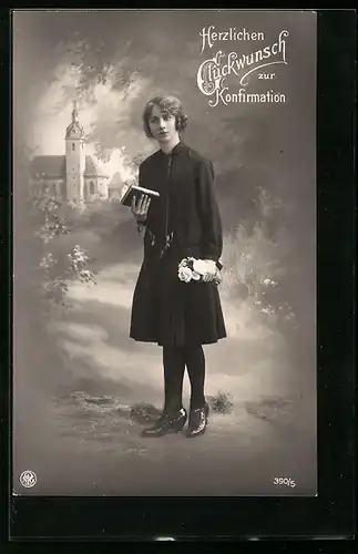 AK Mädchen mit Blumen und Gebetsbuch zur Konfirmation