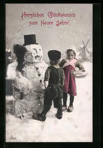 AK Glückwunsch zum neuen Jahre, Kinder mit Schneemann
