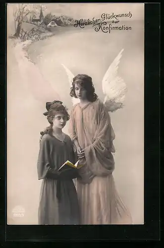 AK Mädchen mit Gebetsbuch, Schutzengel, Glückwunsch zur Konfirmation