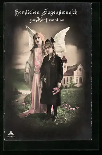 AK Mädchen mit Blumen und Schutzengel zur Konfirmation