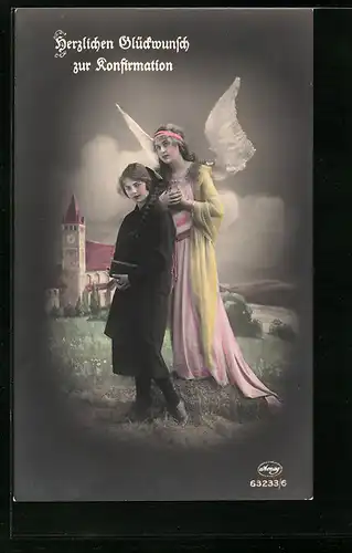 AK Schutzengel neben Mädchen zur Konfirmation