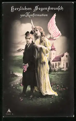 AK Schutzengel mit Mädchen, Glückwunsch zur Konfirmation