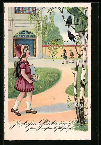 AK Mädchen mit Ranzen und Blumen zum Schulanfang