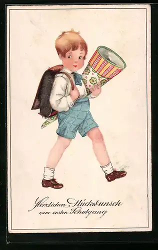 AK Junge mit Zuckertüte, Schulanfang