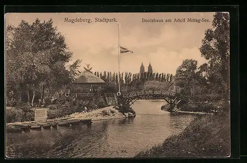 AK Magdeburg, Bootshaus am Adolf Mittag-See im Stadtpark