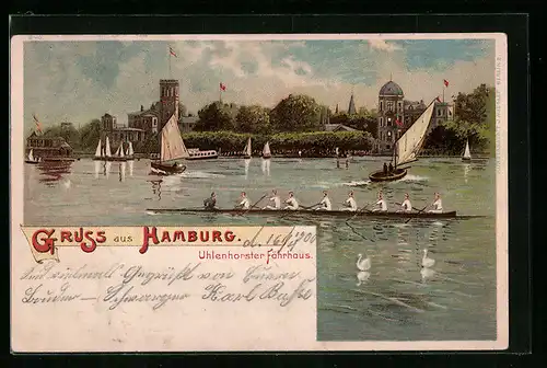 Lithographie Hamburg-Uhlenhorst, Uhlenhorster Fährhaus vom Wasser gesehen