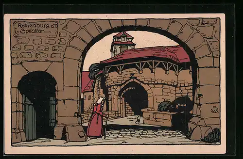 Steindruck-AK Rothenburg a. T., Partie am Spitaltor
