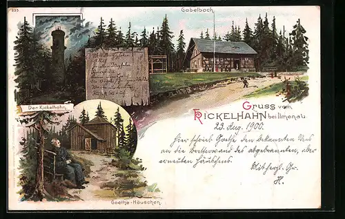 Lithographie Ilmenau, Kickelhahn, Goethe-Häuschen, Gasthaus Gabelbach