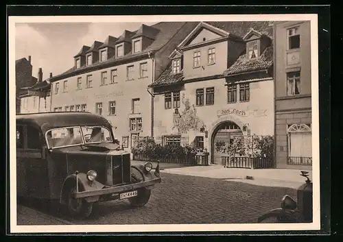 AK Saalfeld, Gasthaus Das Loch mit Auto