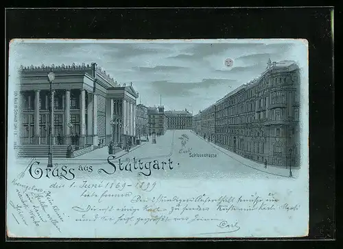 Mondschein-Lithographie Stuttgart, Schlossstrasse mit Passanten