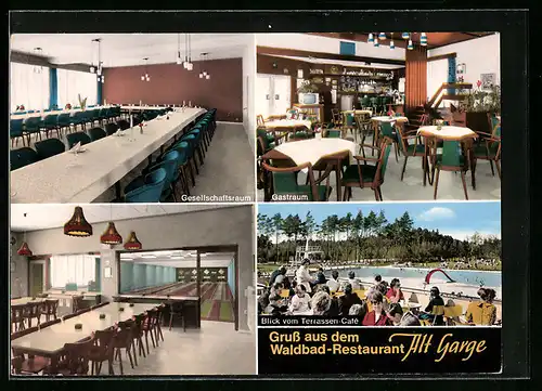 AK Alt-Garge /Elbe, Waldbad-Restaurant, Innenansichten Gesellschaftsraum und Gastraum, Blick vom Terrassen-Cafe