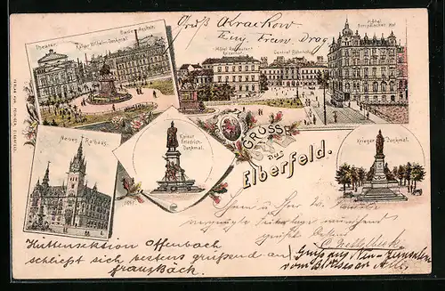 Lithographie Elberfeld, Neues Rathaus, Kriegerdenkmal, Kaiser Friedrich Denkmal und Hotel-Restaurant Kaiserhof