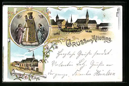 Lithographie Altötting, Ortsansicht mit Kirche