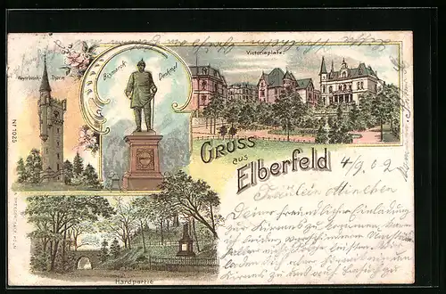 Lithographie Elberfeld, Victoriaplatz, Bismarck-Denkmal, Hardpartie