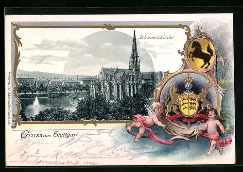 Passepartout-Lithographie Stuttgart, Johanniskirche, Engel mit Wappen