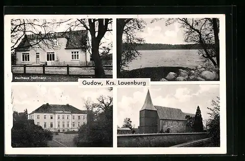 AK Gudow i. Lbg., Kaufhaus Hoffmann, Kirche