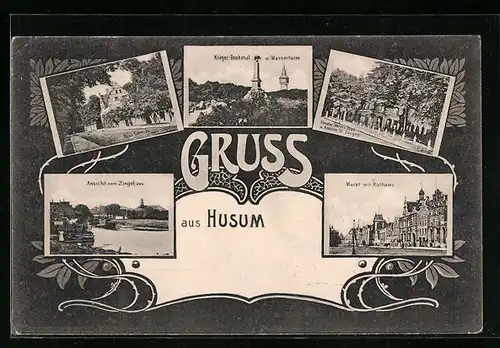 AK Husum, Markt mit Rathaus, Krieger-Denkmal