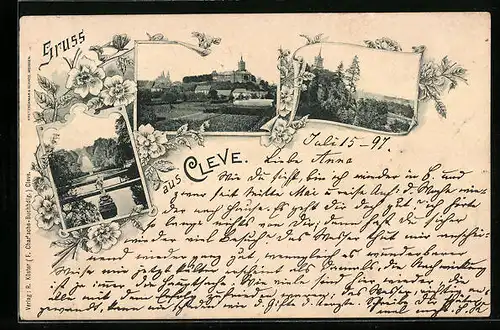 AK Cleve, Ortspartie mit Schloss, Denkmal, Panorama