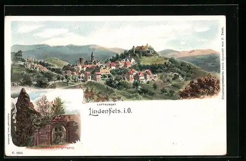Lithographie Lindenfels i. O., Totalansicht, Lindenfels Burgeingang