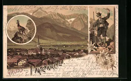 Lithographie Partenkirchen, Ortsansicht, Gämse, Mann in Tracht