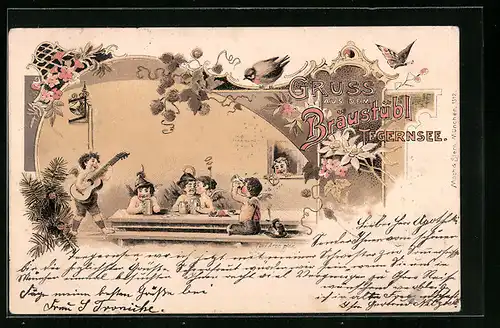 Lithographie Tegernsee, Engel beim Gelage