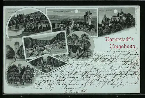 Mondschein-Lithographie Darmstadt, Ludwigshöhe, Auerbacher Schloss, Schloss Heiligenberg