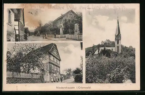 AK Niedernhausen / Odenwald, Kirche, Strassenpartie und Fachwerkhaus