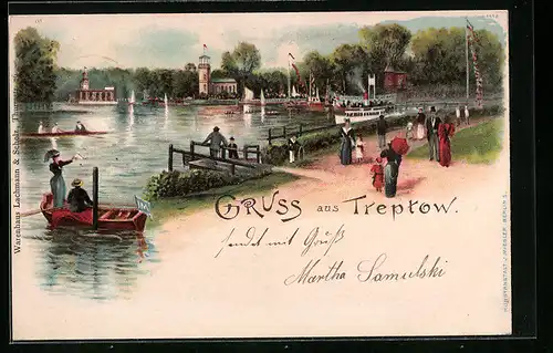 Lithographie Berlin-Treptow, Idylle am Wasser mit Booten und Spaziergängern