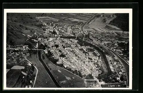 AK Lügde i. W., Fliegeraufnahme des Ortes