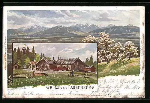 Künstler-AK Rudolf Reschreiter: Warngau, Taubenberg, Gasthaus und Panorama