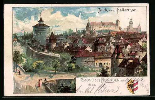 Lithographie Nürnberg, Blick vom Hallerthor, Wappen