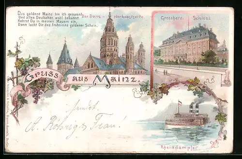 Lithographie Mainz, Dom, Grossherz. Schloss, Rheindampfer