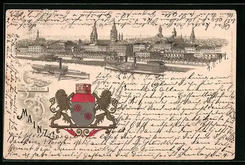 Lithographie Mainz, Totalansicht, Flusspartie mit Dampfer und Stadtwappen