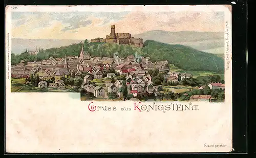 Lithographie Königstein i. T., Teilansicht mit Burg