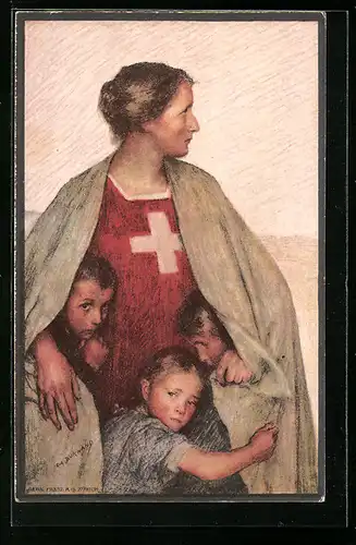 AK Schweizer Bundesfeier 1917, Helvetia mit ihren Kindern, Ganzsache