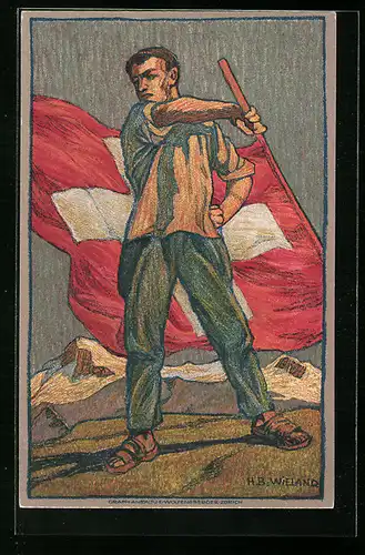 Künstler-AK Schweizer Bundesfeier 1912, Mann mit Flagge, Ganzsache