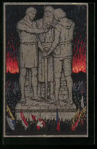 Künstler-AK Schweizer Bundesfeier 1915, Denkmal mit Inschrift Wir wollen sein, ein einzig Volk von Brüdern, Ganzsache