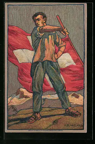 Künstler-AK Schweizer Bundesfeier 1912, Fahnenschwenker, Ganzsache