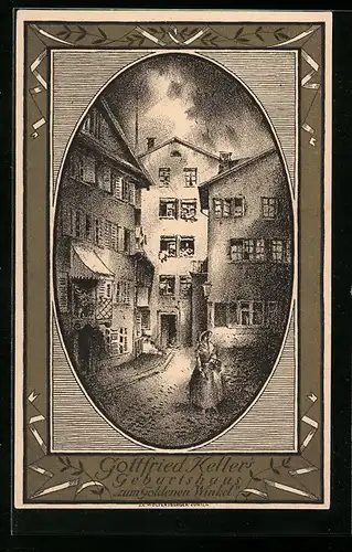 AK Schweizer Bundesfeier 1919, Gottfried Kellers Geburtshaus zum Goldenen Winkel, Ganzsache