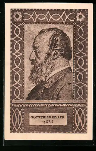 Künstler-AK Schweizer Bundesfeier 1919, Portrait des Dichters Gottfried Keller in der Profilansicht, Ganzsache