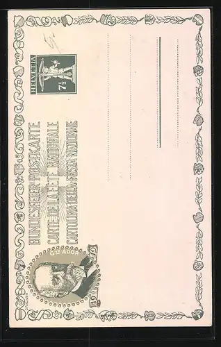 Künstler-AK Schweizer Bundesfeier 1919, Portrait des Dichters Gottfried Keller in der Profilansicht, Ganzsache