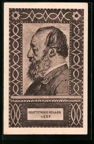 AK Schweizer Bundesfeier 1919, Porträt von Gottfried Keller 1889, Ganzsache