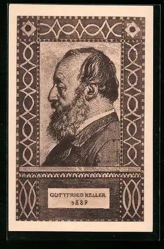 AK Schweizer Bundesfeier 1919, Portrait des Dichters Gottfried Keller im Profil, Ganzsache