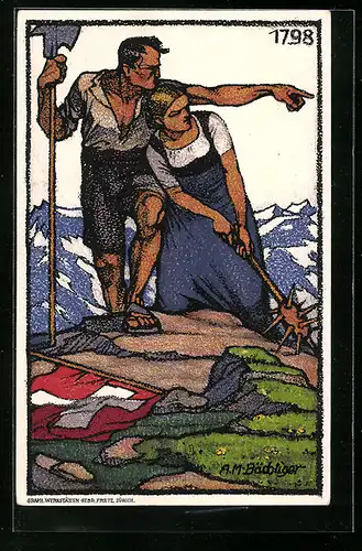 Künstler-AK Schweizer Bundesfeier 1913, Paar mit Hellebarde und Stachelkeule auf einem Berg, Ganzsache