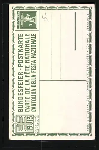 Künstler-AK Schweizer Bundesfeier 1913, Paar mit Hellebarde und Stachelkeule auf einem Berg, Ganzsache