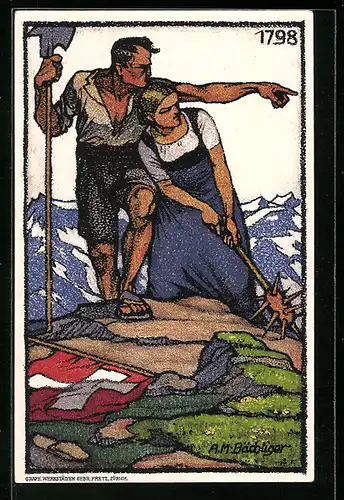 Künstler-AK Schweizer Bundesfeier 1913, Paar mit Hellebarde und Stachelkeule auf einem Berg, Ganzsache