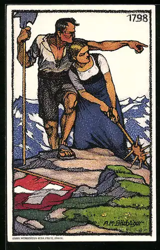 Künstler-AK Schweizer Bundesfeier 1913, Schweizer Paar mit Hellebarde und Stachelkeule, Ganzsache